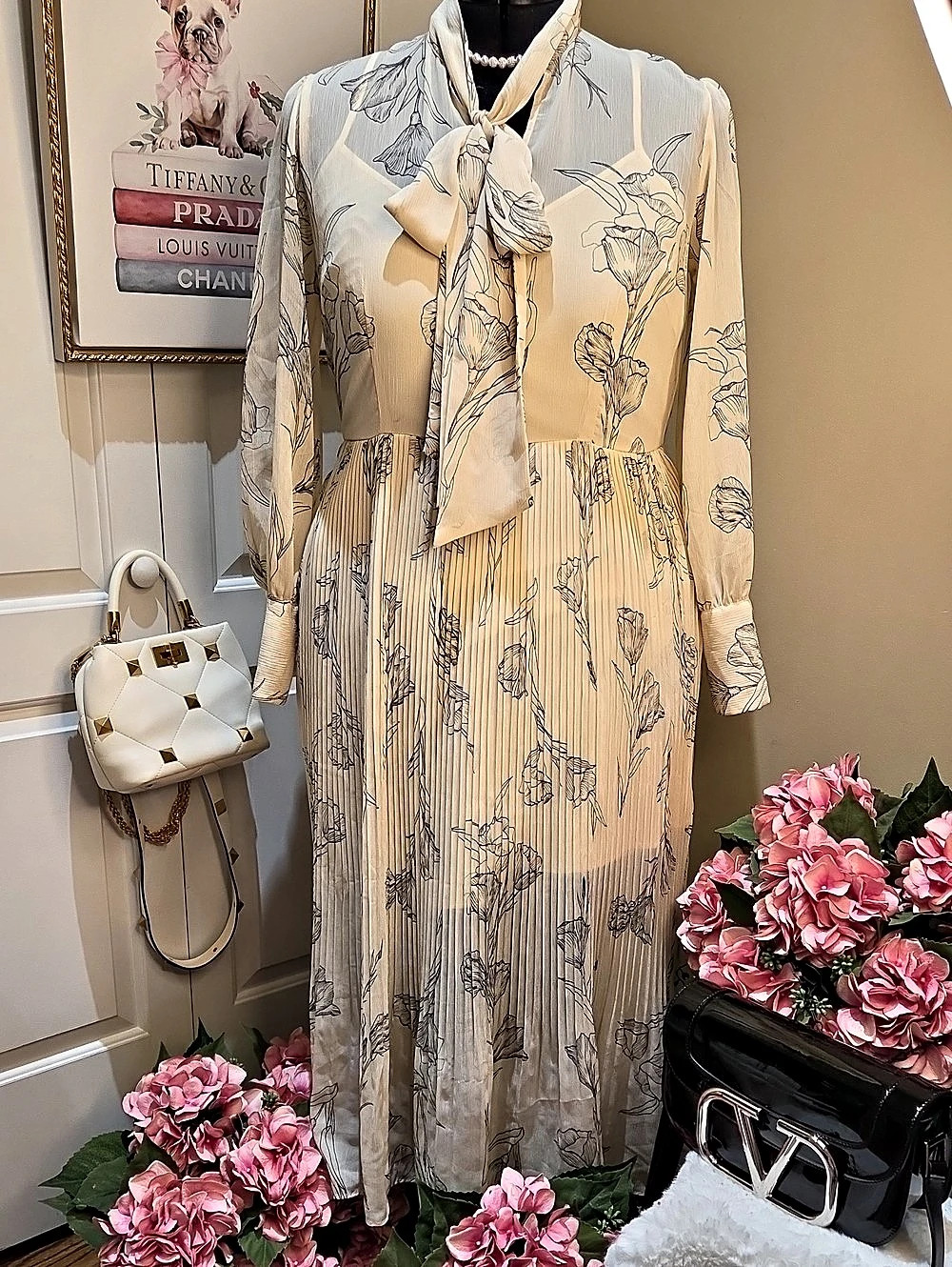 Nwot XL a new day Floral Print Long Sleeve High Neck Pleated Midi Dress Cream